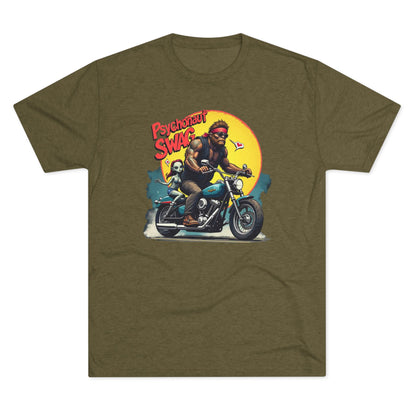 Psychonaut Swag Bigfoot on Motorcycle T-Shirt — Retro Biker Graphic Tee