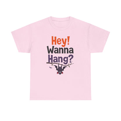 Wanna Hang, Bat Halloween Themed Unisex Heavy Cotton Tee - Fun & Spooky Graphic Tee, Perfect for Parties, Costume Events, Fall Celebrations, Gifts - Psychonaut Swag