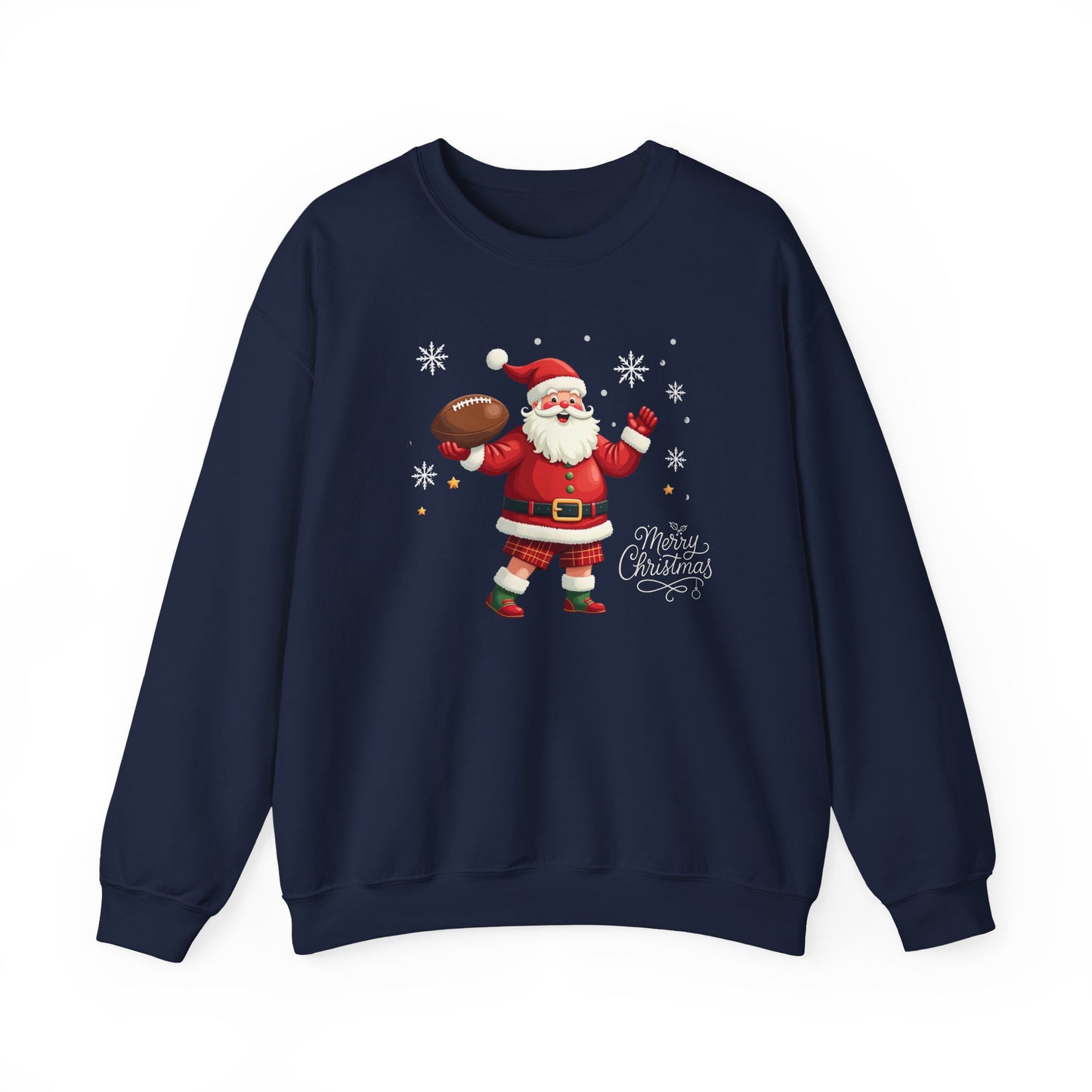 Santa Throwing Football, Christmas Sweatshirt - Jolly Santa with 'Merry Christmas' Graphic