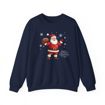 Santa Throwing Football, Christmas Sweatshirt - Jolly Santa with 'Merry Christmas' Graphic