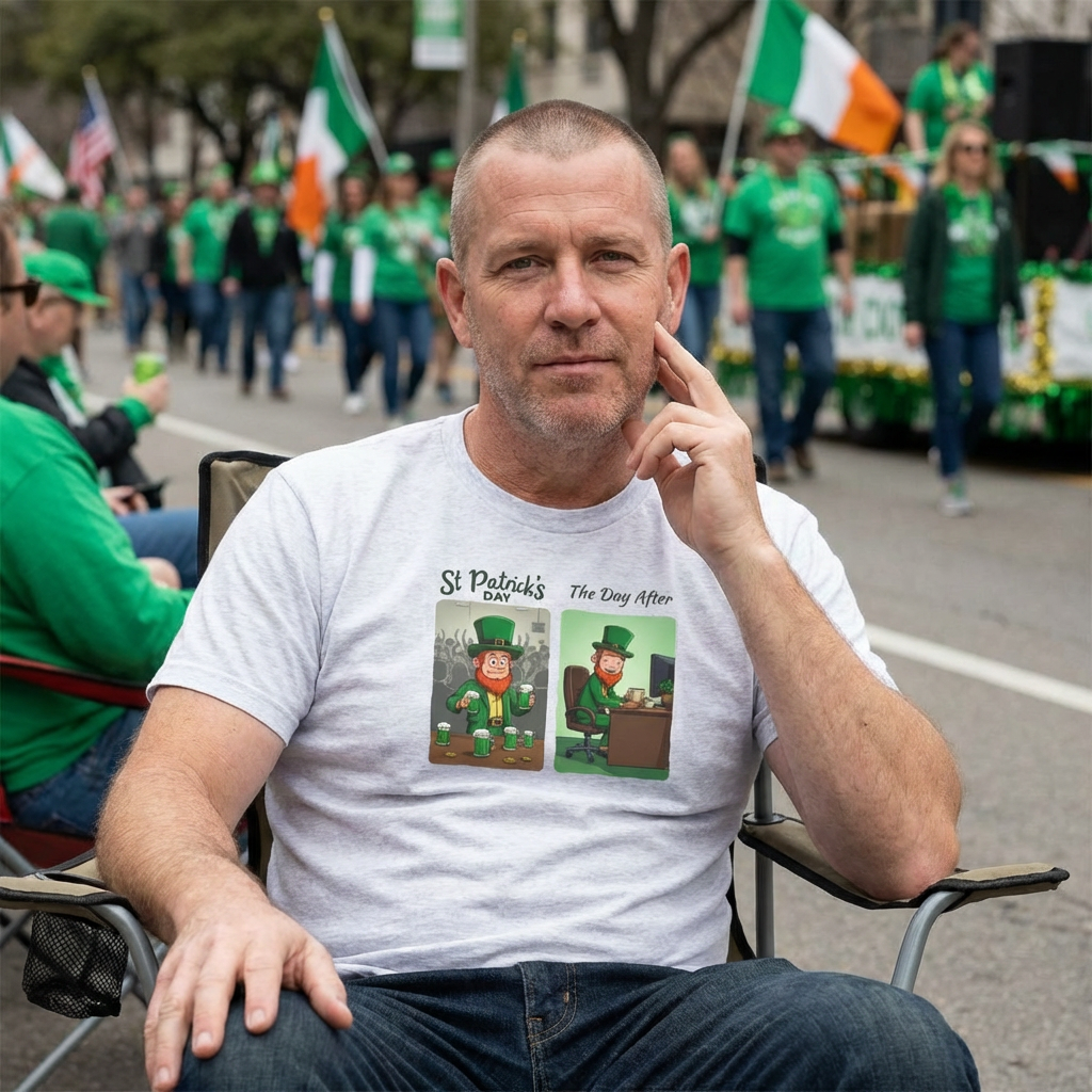 St. Patrick's Day Leprechaun Funny Cartoon T-Shirt — "St. Patrick's Day / The Day After" Tee