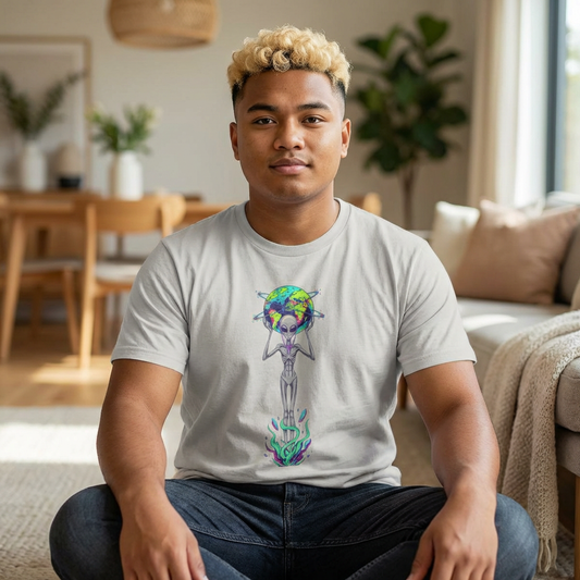 Alien Holding Earth Graphic Tee — Cosmic Sci‑Fi Alien Shirt