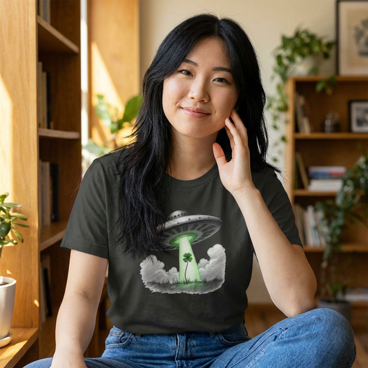 Shamrock Abduction UFO Tee — Green Beam Graphic T-Shirt