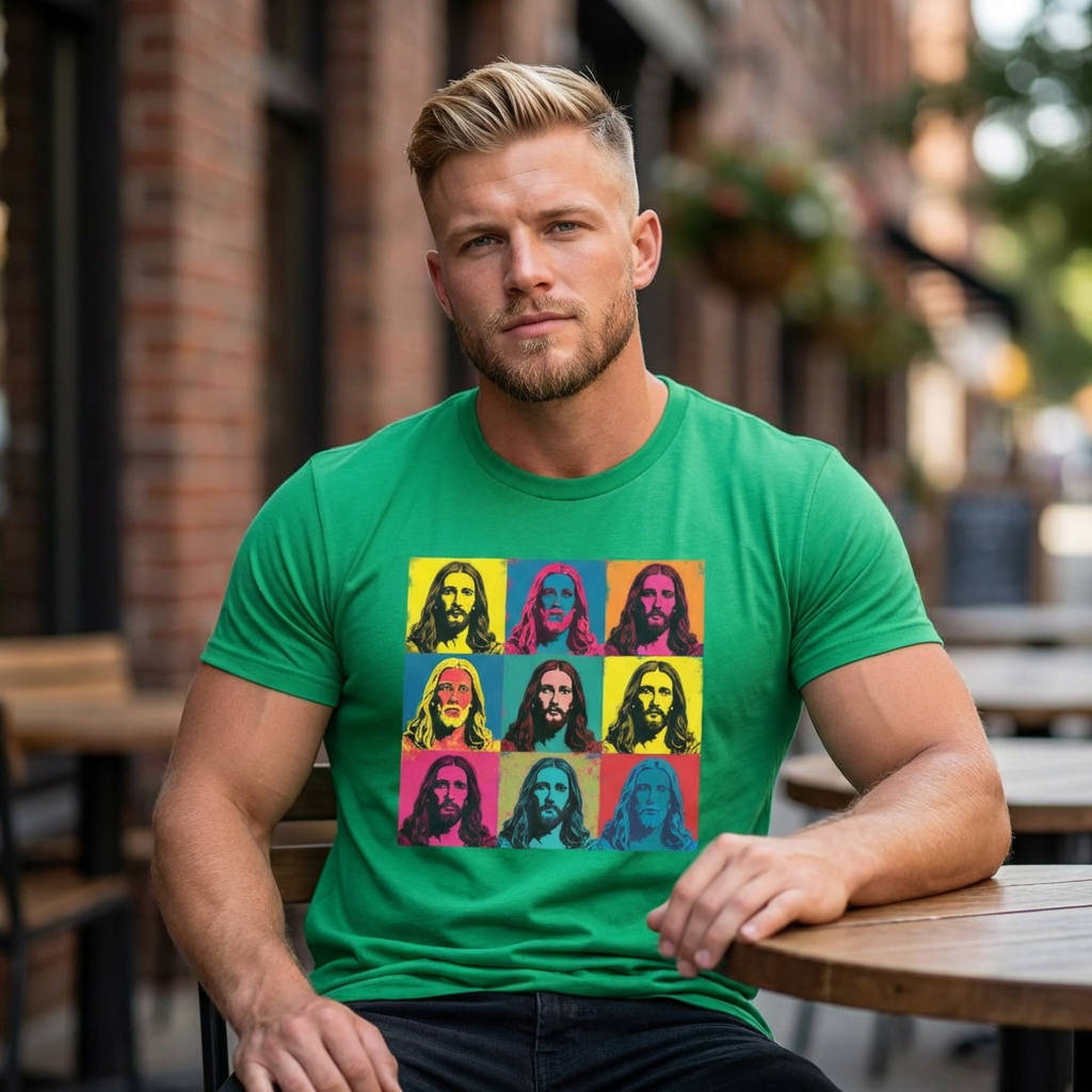 Jesus, Pop Art T-Shirt — Retro Colorful Nine-Panel Graphic Tee