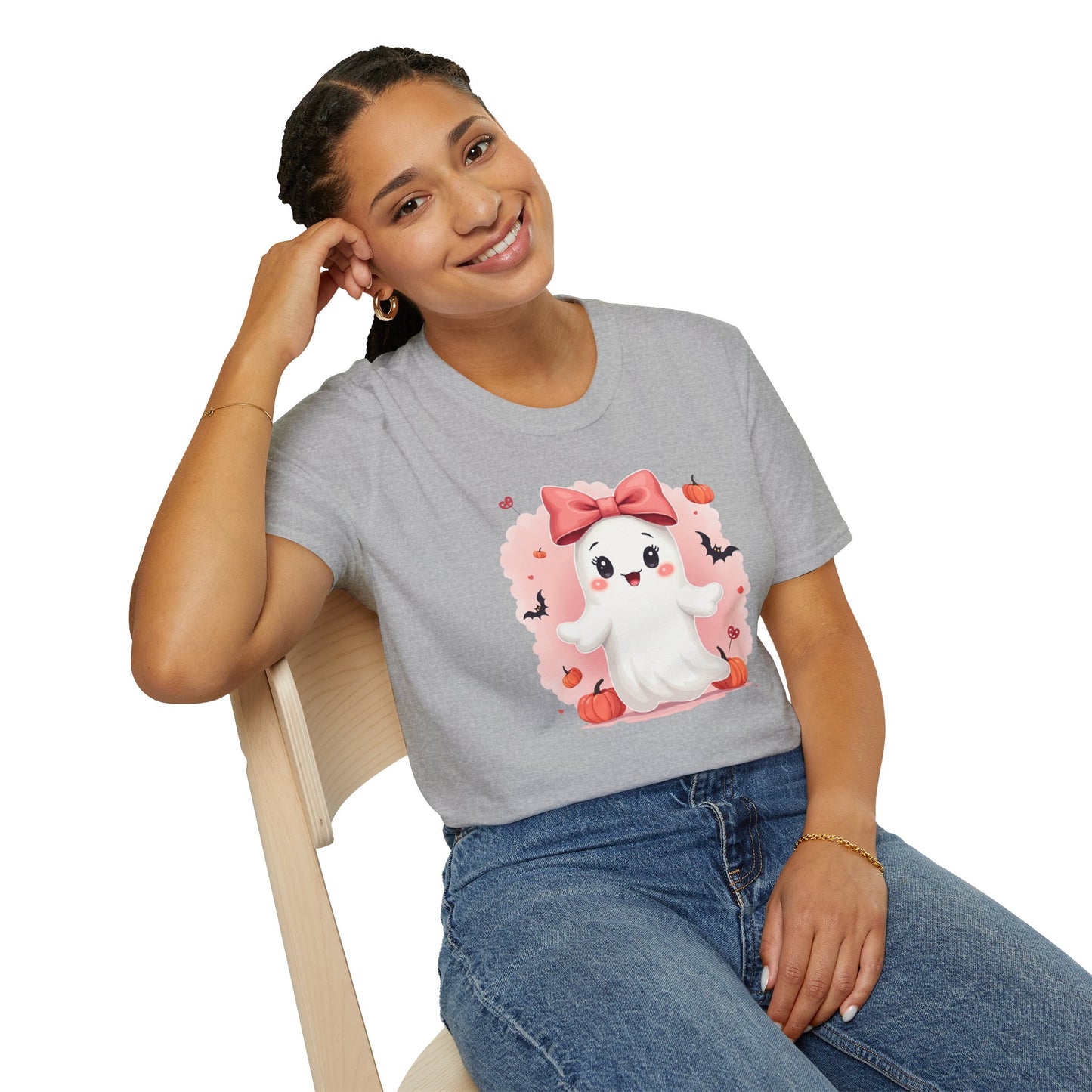 Cute Halloween Ghost T-Shirt — Pink Bow Ghost with Pumpkins & Bats