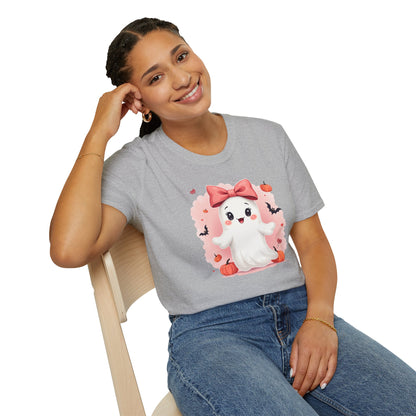 Cute Halloween Ghost T-Shirt — Pink Bow Ghost with Pumpkins & Bats