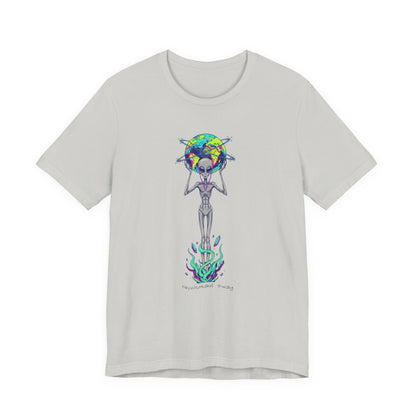Alien Holding Earth Graphic Tee — Cosmic Sci‑Fi Alien Shirt