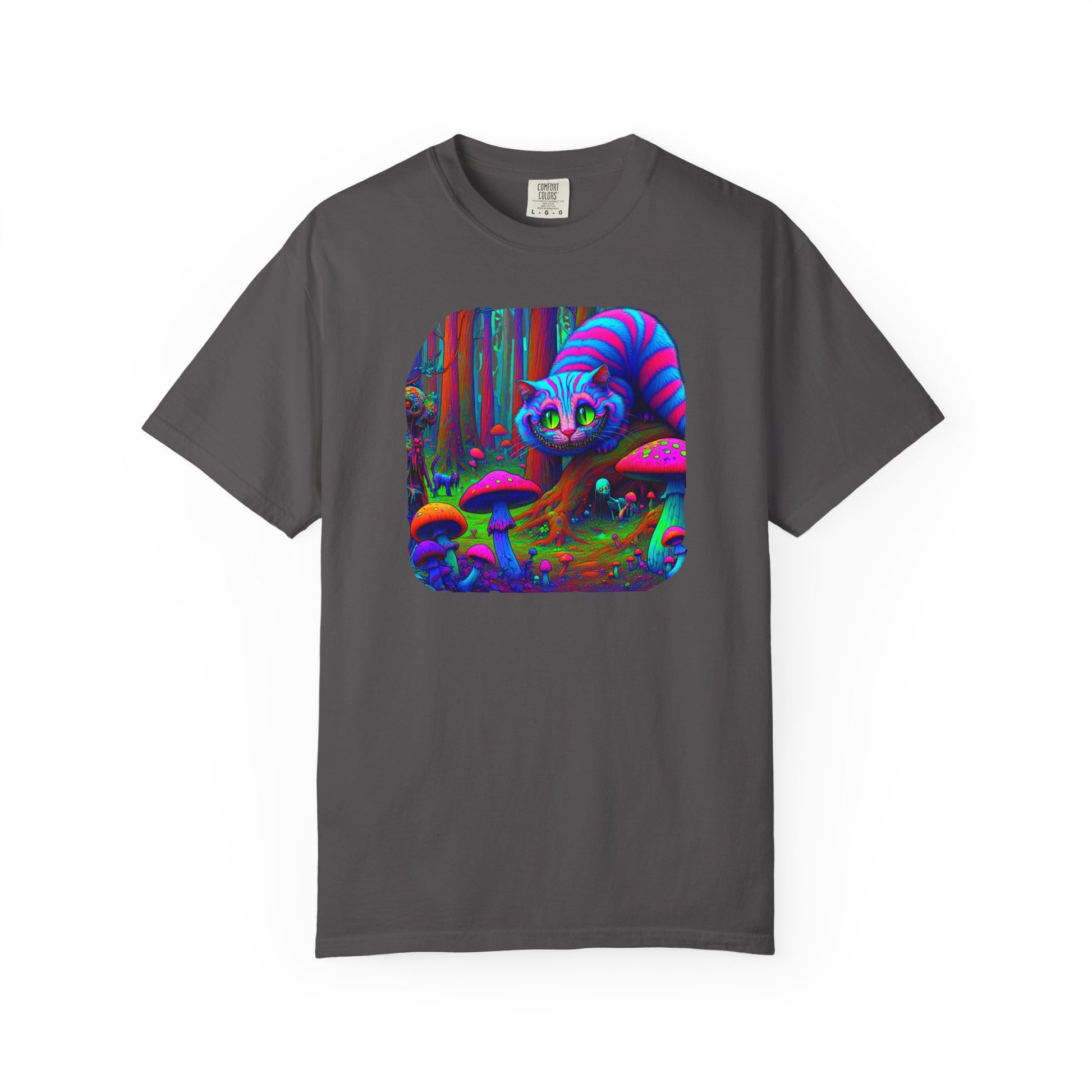 Curious Cat with mushrooms, Unisex Garment-Dyed T-shirt - Psychonaut Swag