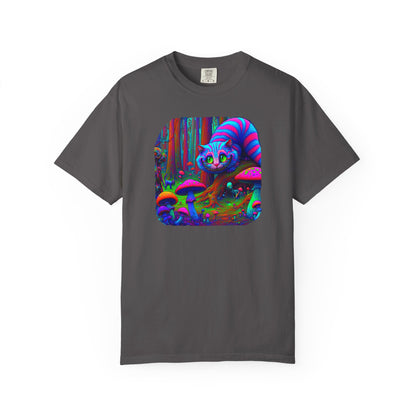 Curious Cat with mushrooms, Unisex Garment-Dyed T-shirt - Psychonaut Swag