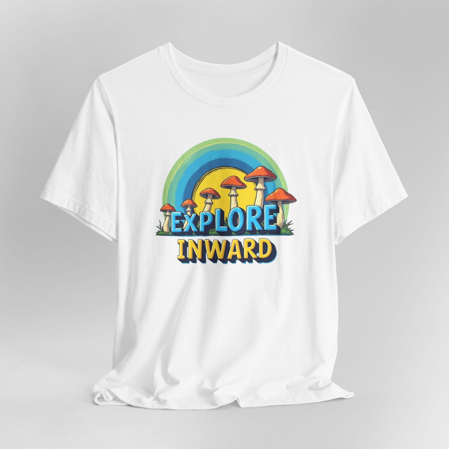 Explore Inward T-Shirt — Retro Mushroom Rainbow Graphic Tee