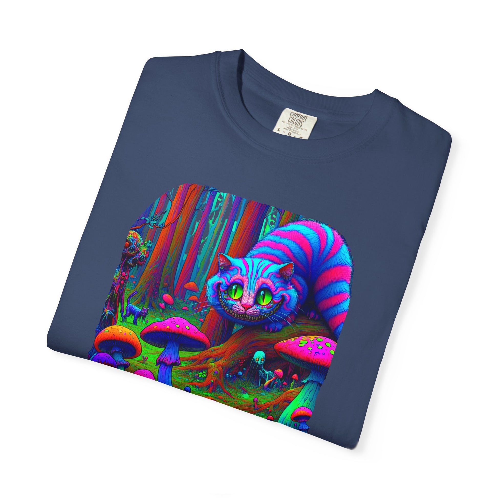 Curious Cat with mushrooms, Unisex Garment-Dyed T-shirt - Psychonaut Swag