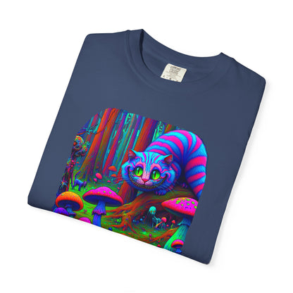 Curious Cat with mushrooms, Unisex Garment-Dyed T-shirt - Psychonaut Swag