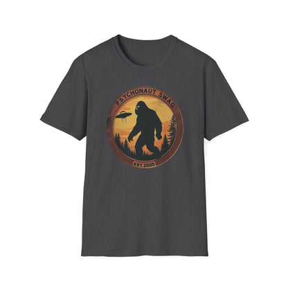 Bigfoot and UFO, Unisex Softstyle T-Shirt, Trendy Graphic Tee, Funny Bigfoot Shirt, Adventure Apparel, Gift for Nature Lovers