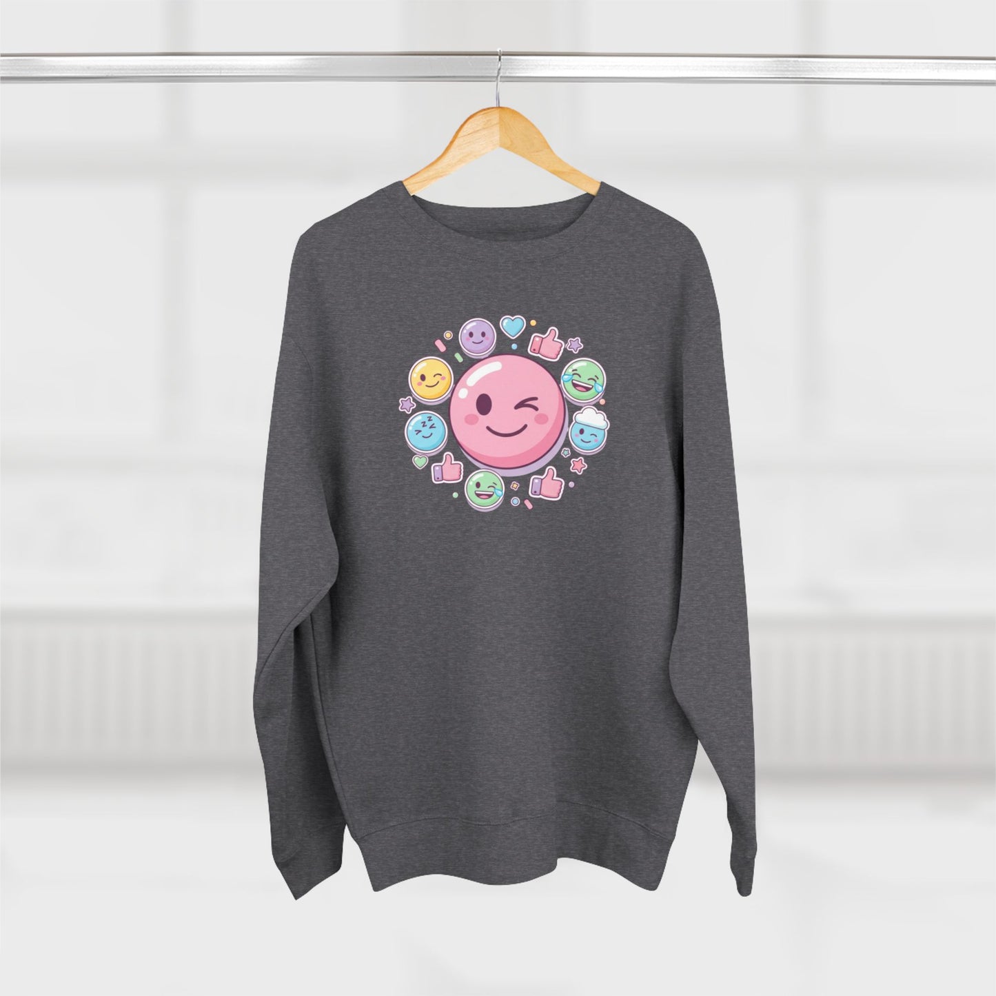 Emoji Smile Crewneck Sweatshirt — Cute Winking Face & Icon Circle Design