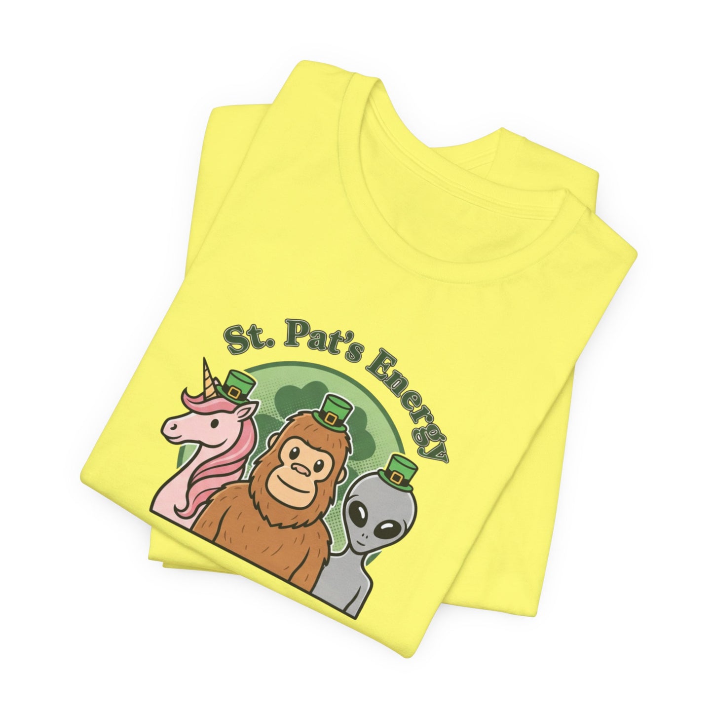 St. Pat’s Energy T‑Shirt — Unicorn, Bigfoot & Alien St. Patrick’s Day Tee