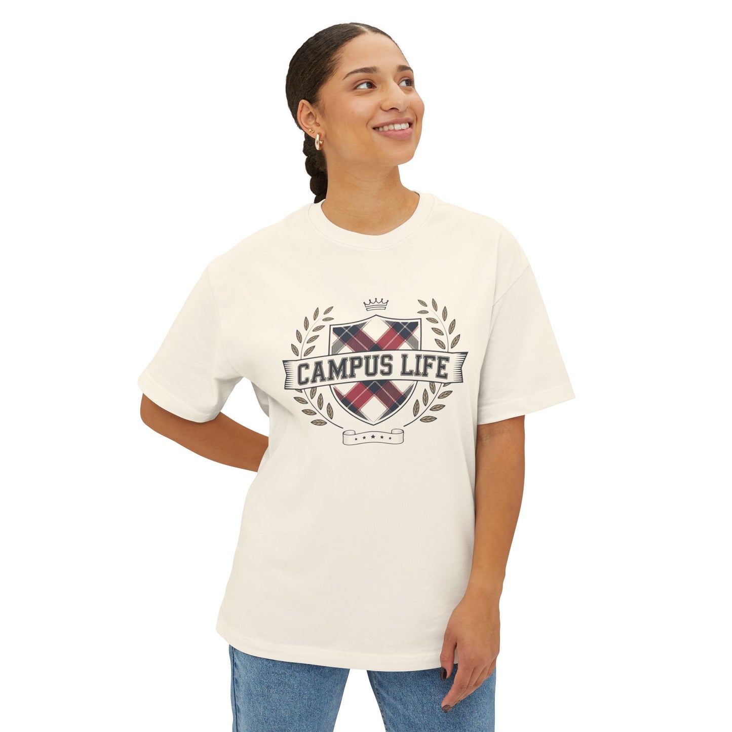 Campus Life Plaid Crest Tee — Oversized Boxy College T-Shirt