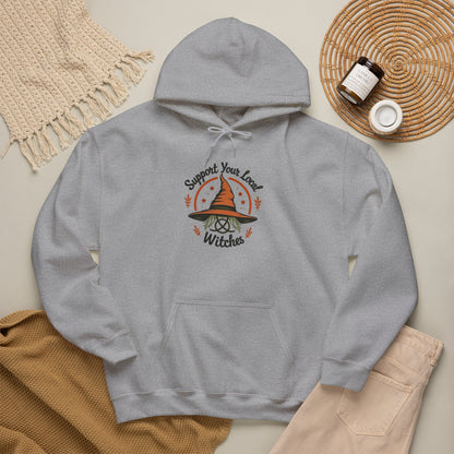 Support Your Local Witches Hoodie — Cute Witch Hat Graphic Pullover for Halloween