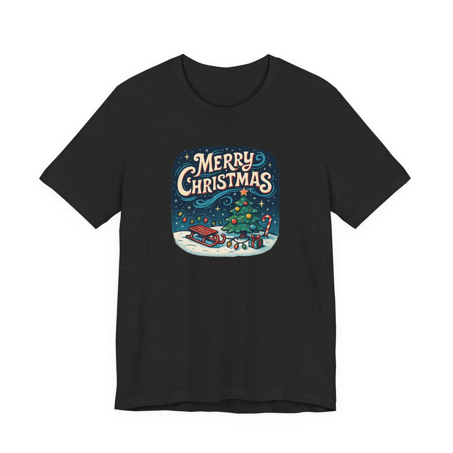 Merry Christmas Tee — Vintage Holiday Tree & Sled Graphic T-Shirt