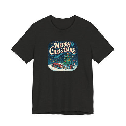 Merry Christmas Tee — Vintage Holiday Tree & Sled Graphic T-Shirt