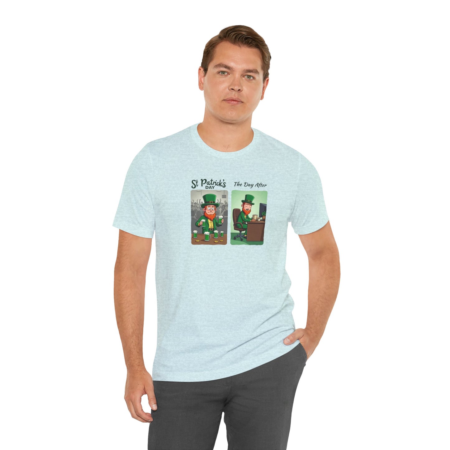 St. Patrick's Day Leprechaun Funny Cartoon T-Shirt — "St. Patrick's Day / The Day After" Tee