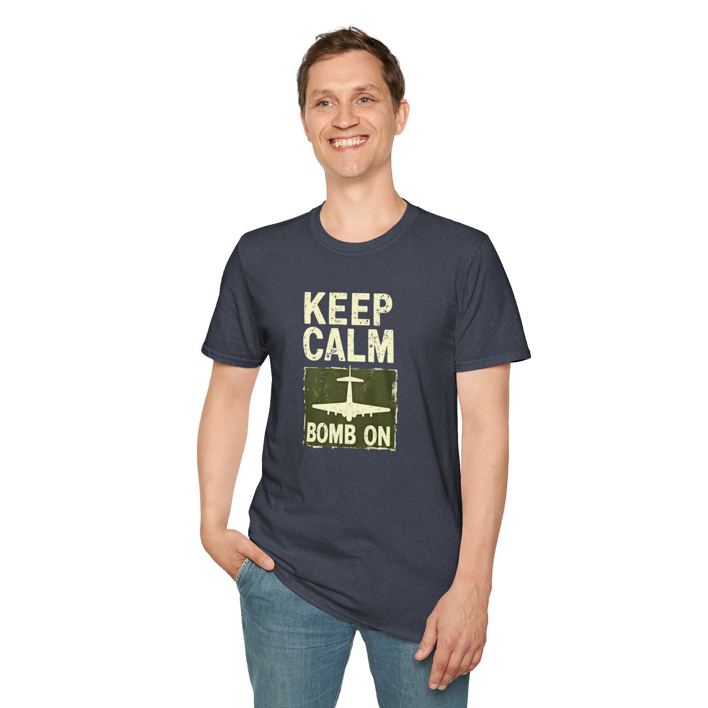 Keep Calm and Bomb On Unisex Softstyle T-Shirt, Casual Wear, Gift for Veterans, Military Humor, Comfortable Tees
