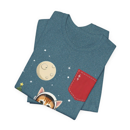 Christmas Cat Faux Pocket — Cute Holiday Cat Holding Gift Night Sky T-Shirt