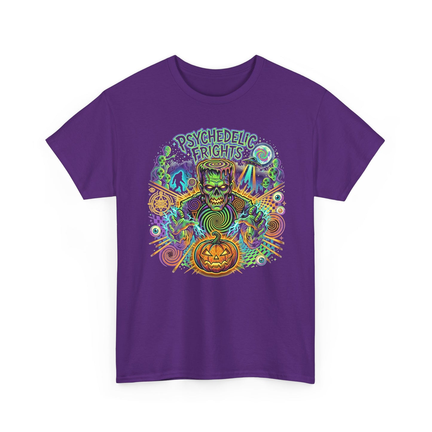 Psychedelic Monsters Halloween Tee — Spooky Pumpkin and Sasquatch Horror Graphic T-Shirt