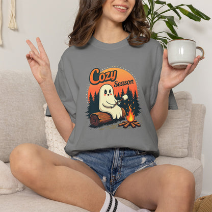 Cozy Season Ghost Tee — Campfire Autumn Graphic T-Shirt