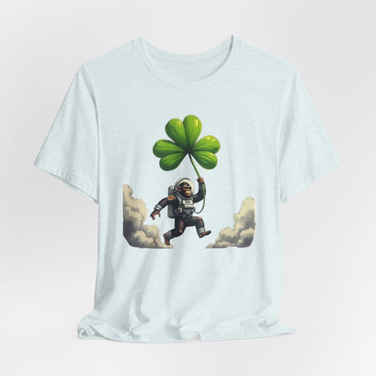 Astronaut Chimp T-Shirt — Floating in Clouds with Shamrock