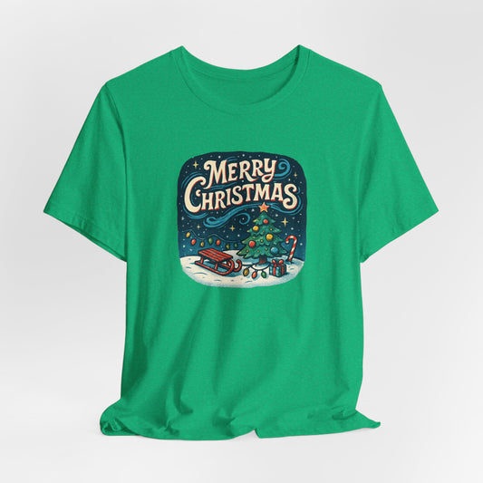 Merry Christmas Tee — Vintage Holiday Tree & Sled Graphic T-Shirt