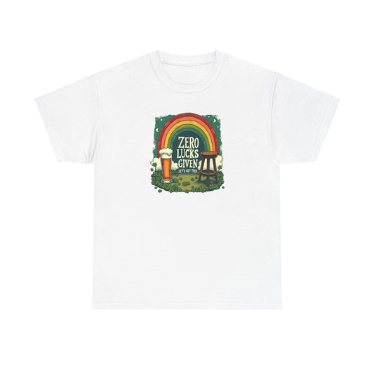 St. Patrick’s Day Tee — "Zero Lucks Given" Rainbow & Beer Graphic T-Shirt