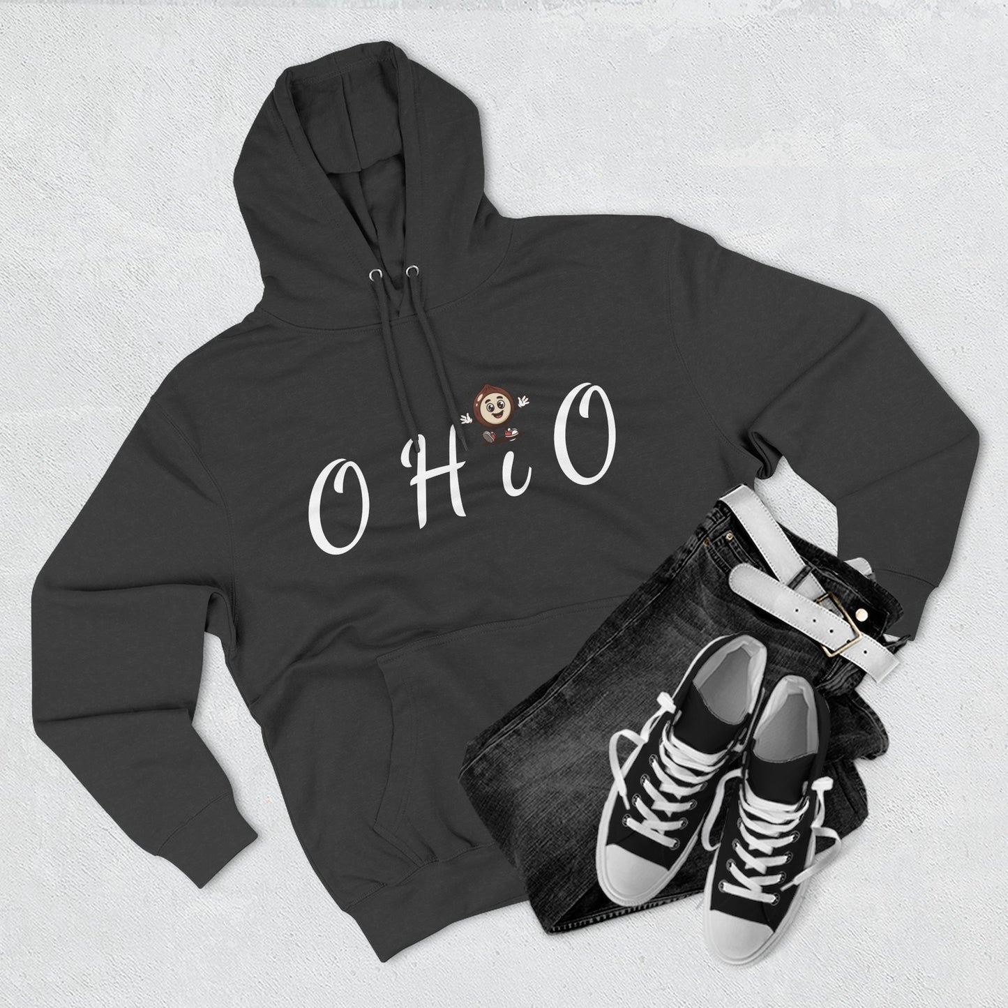 Ohio Script Hoodie with Cute Buckeye Mascot