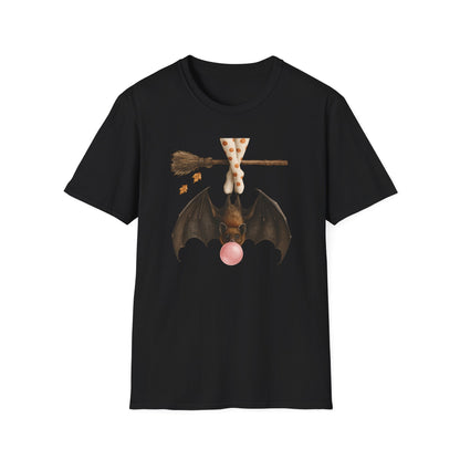Bat and Bubblegum Unisex Softstyle T-Shirt, Halloween Top, Whimsical Graphic Tee, Cute Gift for Animal Lovers, Fall Vibes