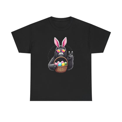 Easter Sasquatch Peace Sign T-Shirt — Cool Black Bunny with Egg Basket