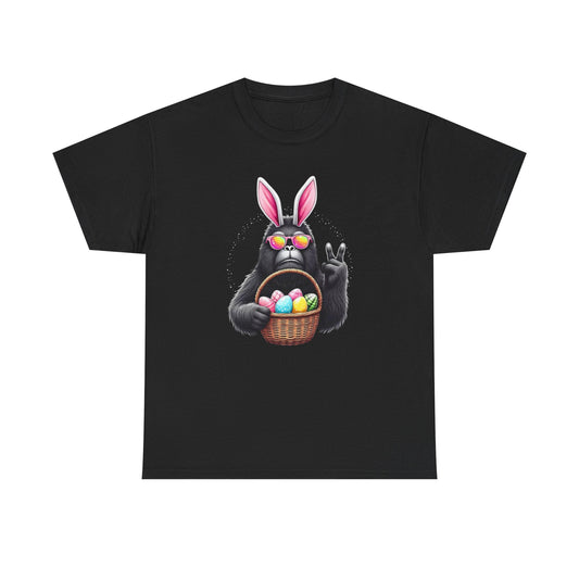 Easter Sasquatch Peace Sign T-Shirt — Cool Black Bunny with Egg Basket