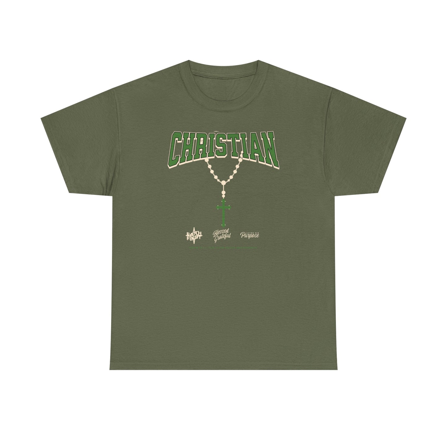 Christian Graphic Tee — Green Rosary Cross Shirt