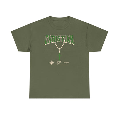 Christian Graphic Tee — Green Rosary Cross Shirt