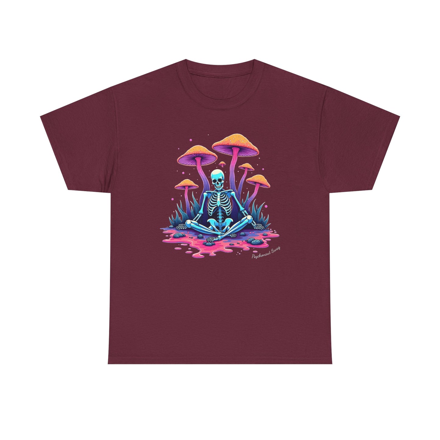 Psychedelic Mushroom Skeleton Near-Death Trip T‑Shirt — Neon Trippy Fungi Meditation Tee