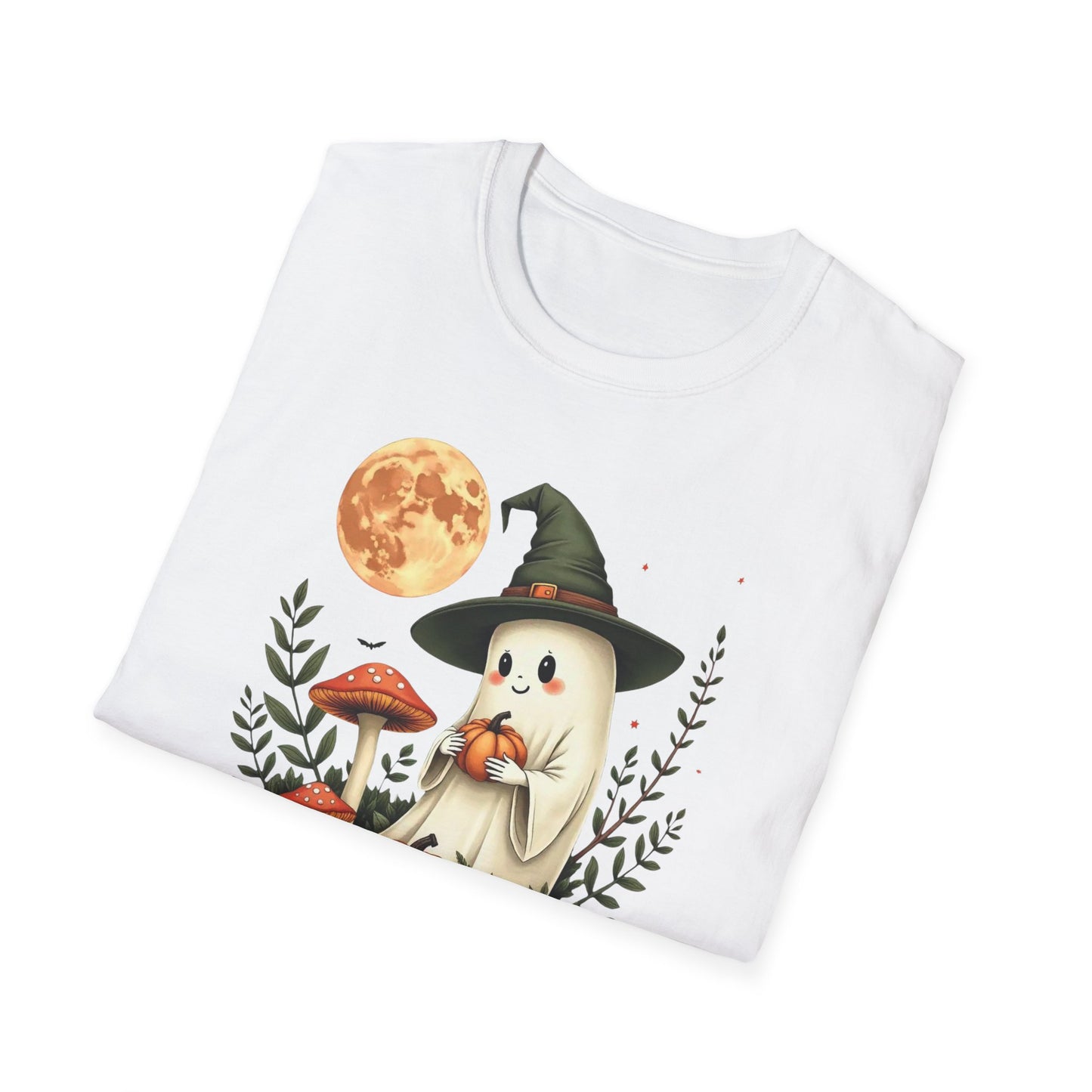 Ghost Witch T‑Shirt — Cute Halloween Moon, Pumpkin & Mushroom Design