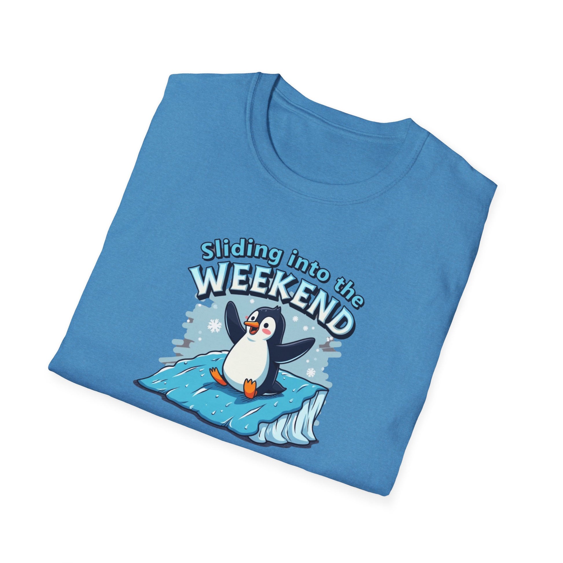 Sliding Penguin, Weekend Vibes T-Shirt, Funny Graphic Tee, Penguin Design Shirt, Casual Apparel, Unisex Softstyle T-Shirt - Psychonaut Swag
