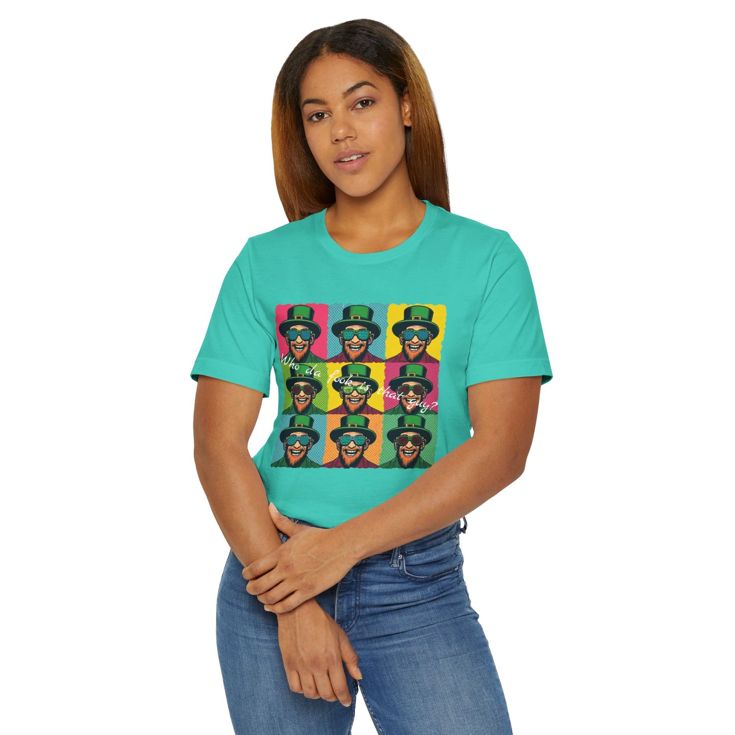 Pop Art Leprechaun, Who da fook is that guy?” T-Shirt — Colorful St. Patrick’s Day Graphic Tee