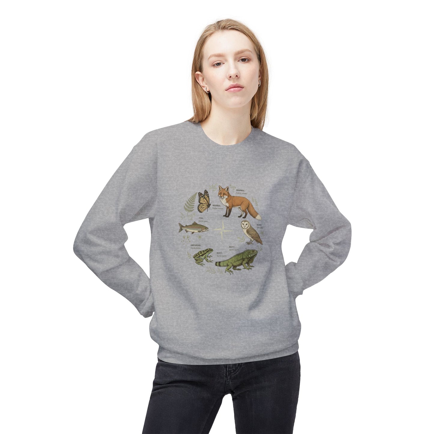 Wildlife Circle Crewneck Sweatshirt — Forest Fox, Owl & Frog Nature Illustration