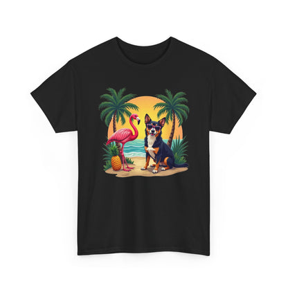 Dog Beach Sunset T-Shirt — Tropical Flamingo Palm Tee