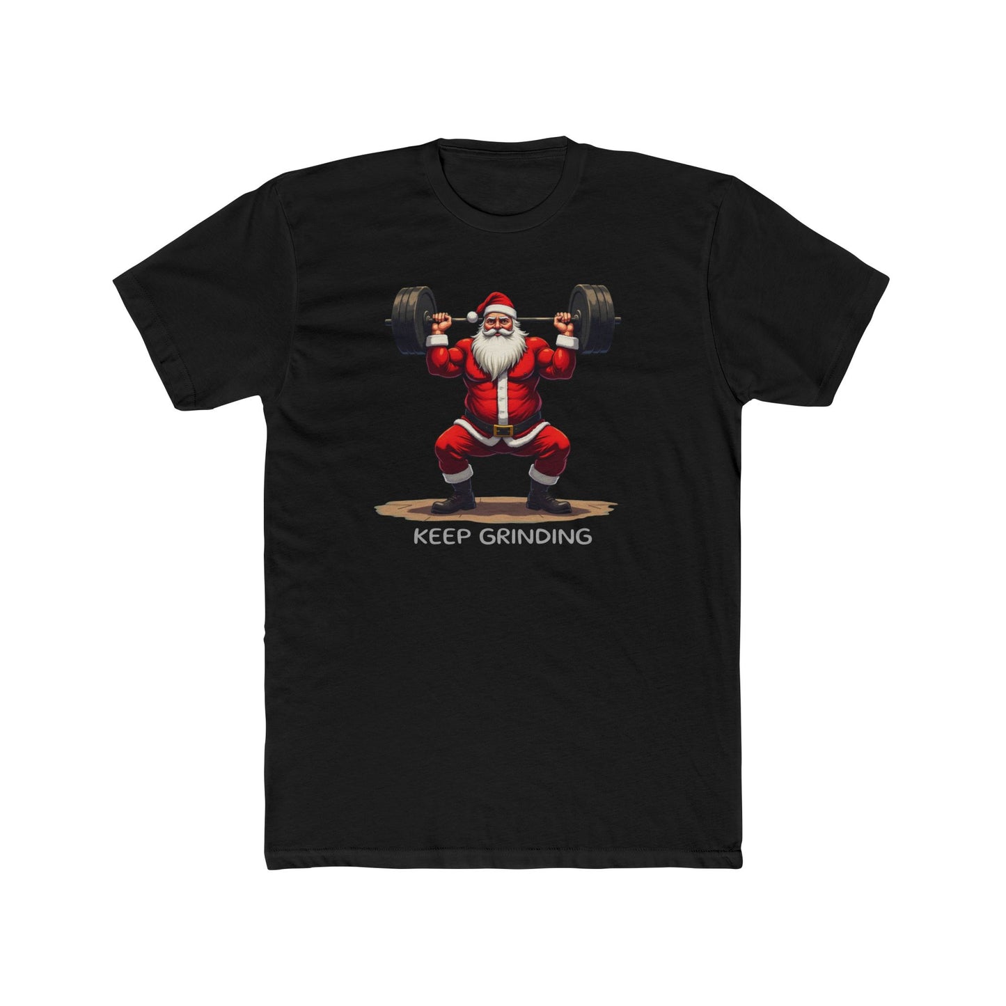 Santa Weightlifter, KEEP GRINDING T‑Shirt — Funny Christmas Gym Tee