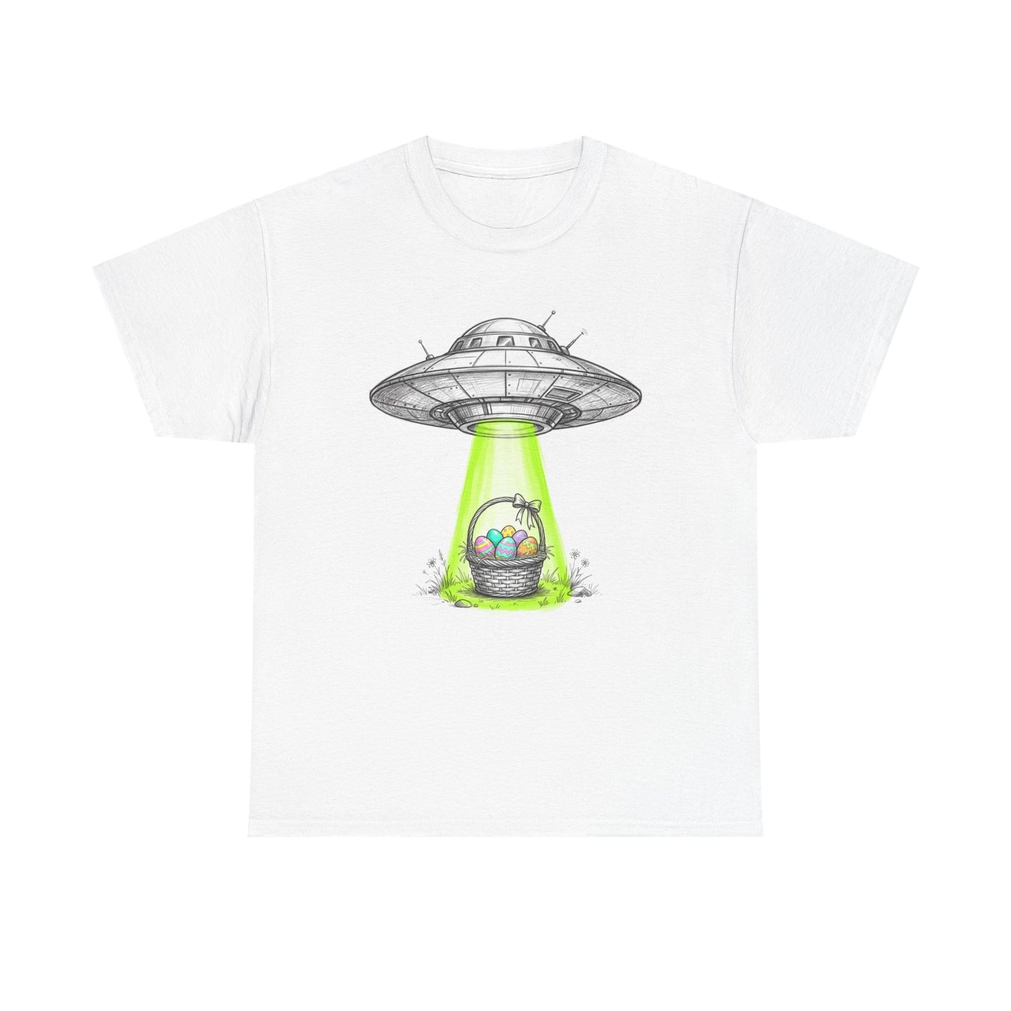 Easter UFO Abduction T-Shirt — Alien Spaceship Beaming Up Easter Basket