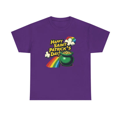 Saint Patrick's Day Tee — "Happy Saint Patrick's Day!" Pot of Gold Rainbow T-Shirt