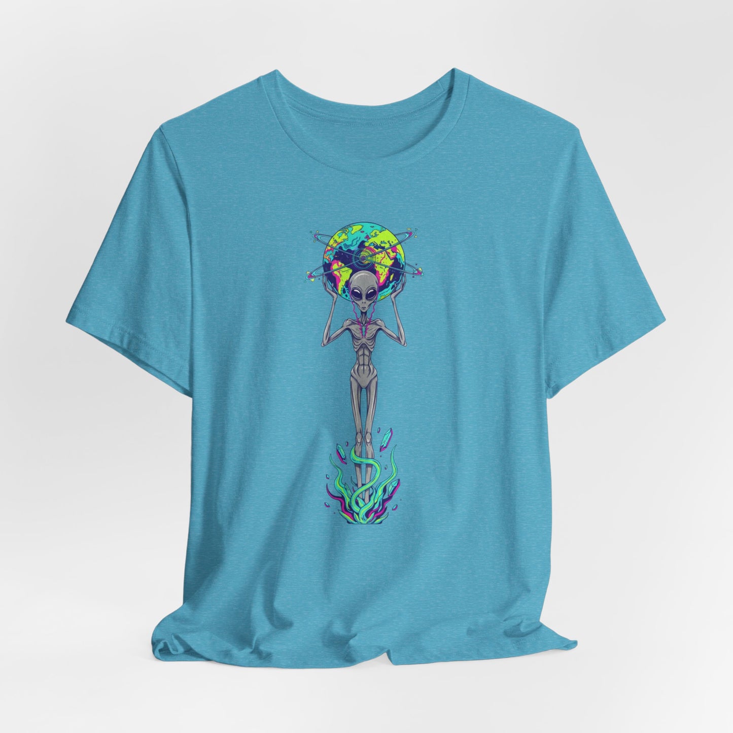 Alien Holding Earth Graphic Tee — Cosmic Sci‑Fi Alien Shirt