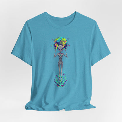 Alien Holding Earth Graphic Tee — Cosmic Sci‑Fi Alien Shirt