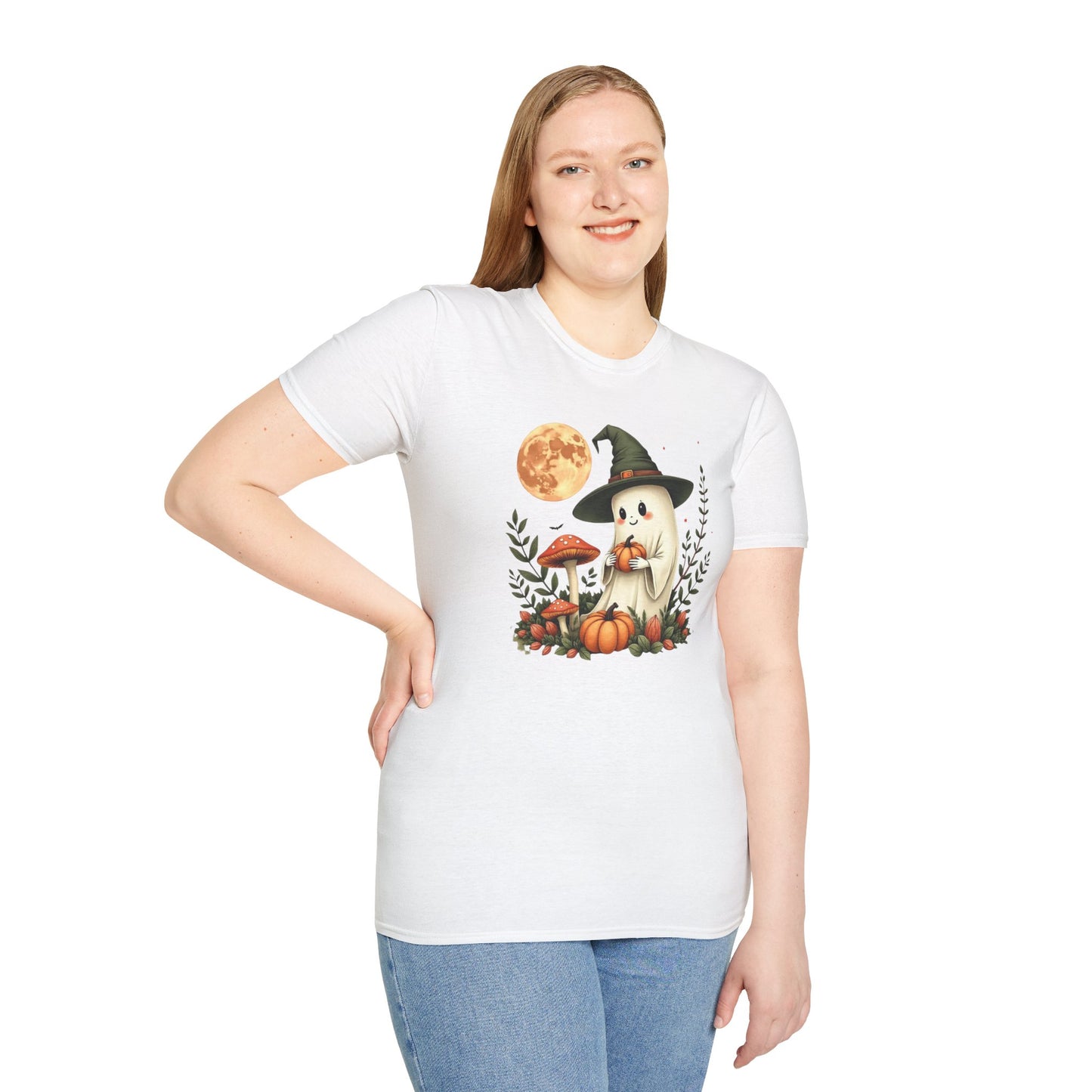Ghost Witch T‑Shirt — Cute Halloween Moon, Pumpkin & Mushroom Design