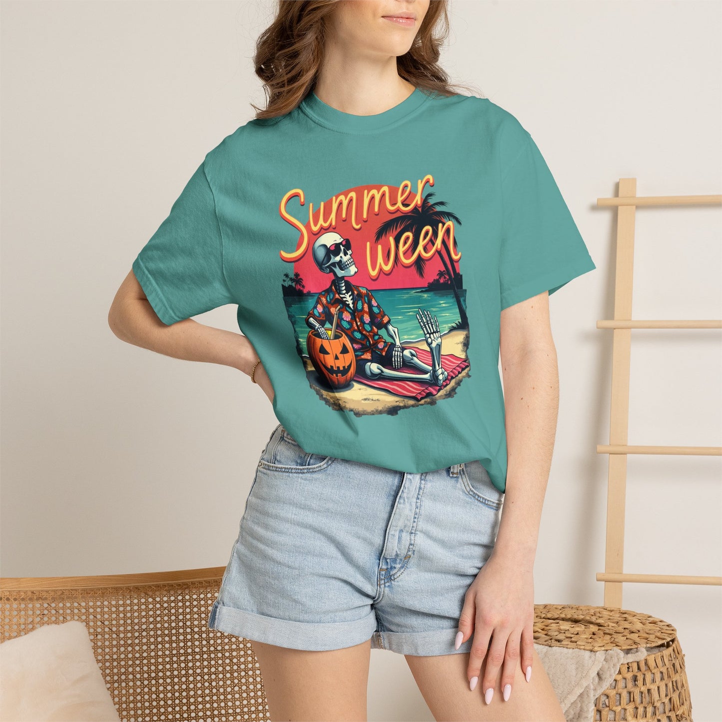 T-Shirt — "Summerween" Beach Skeleton Halloween Graphic Tee